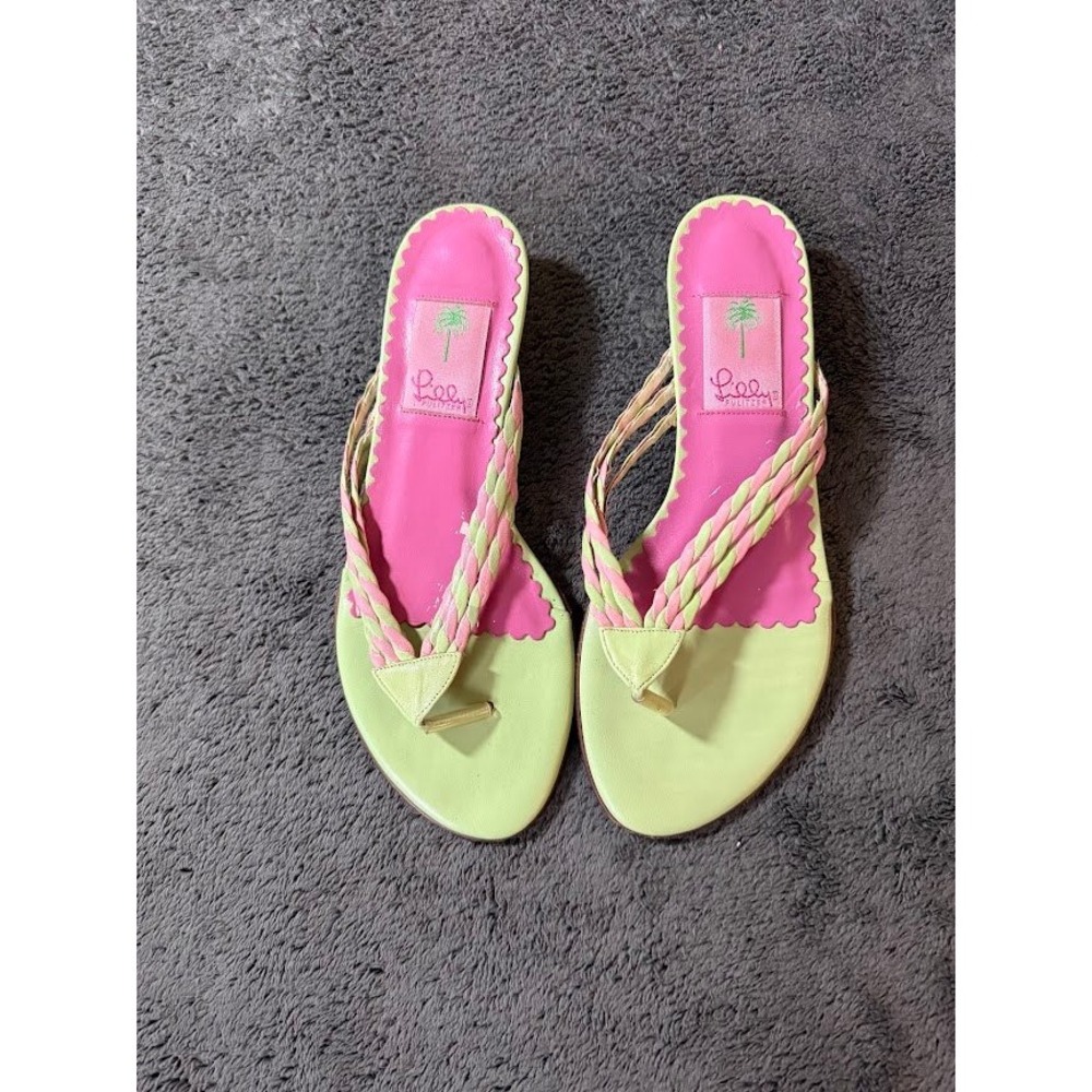 Lilly Pulitzer Pink Lime Green Braided Leather Thong Kitten Heel Sandals 7.5 M